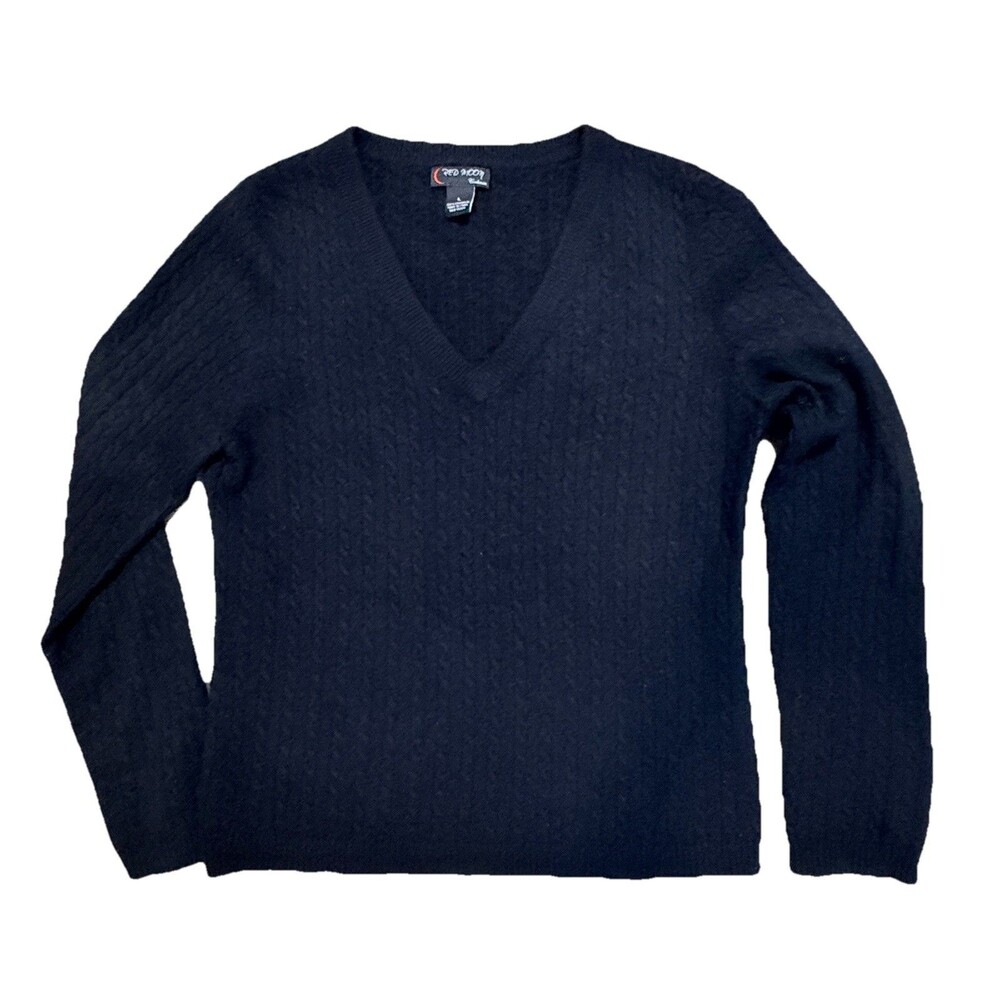 Red Moon Cashmere Cable Knit V-Neck Sweater Women's L Black Preppy Old Money